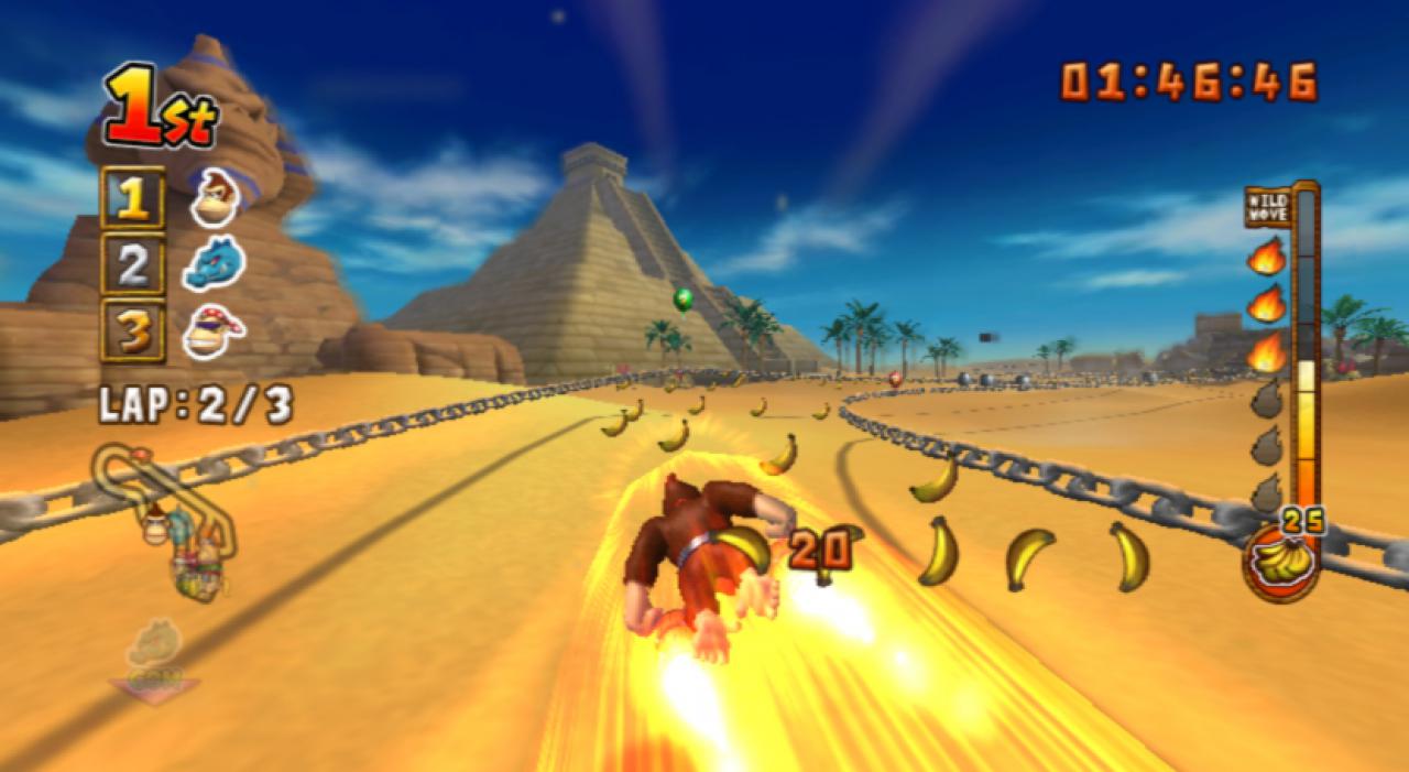 In Donkey Kong Jet Race für Wii dreht sich alles um Wettrennen mit raketengetriebenen Fässern. Gas gibt man durch Schütteln von Nunchuck und Wii-FB.