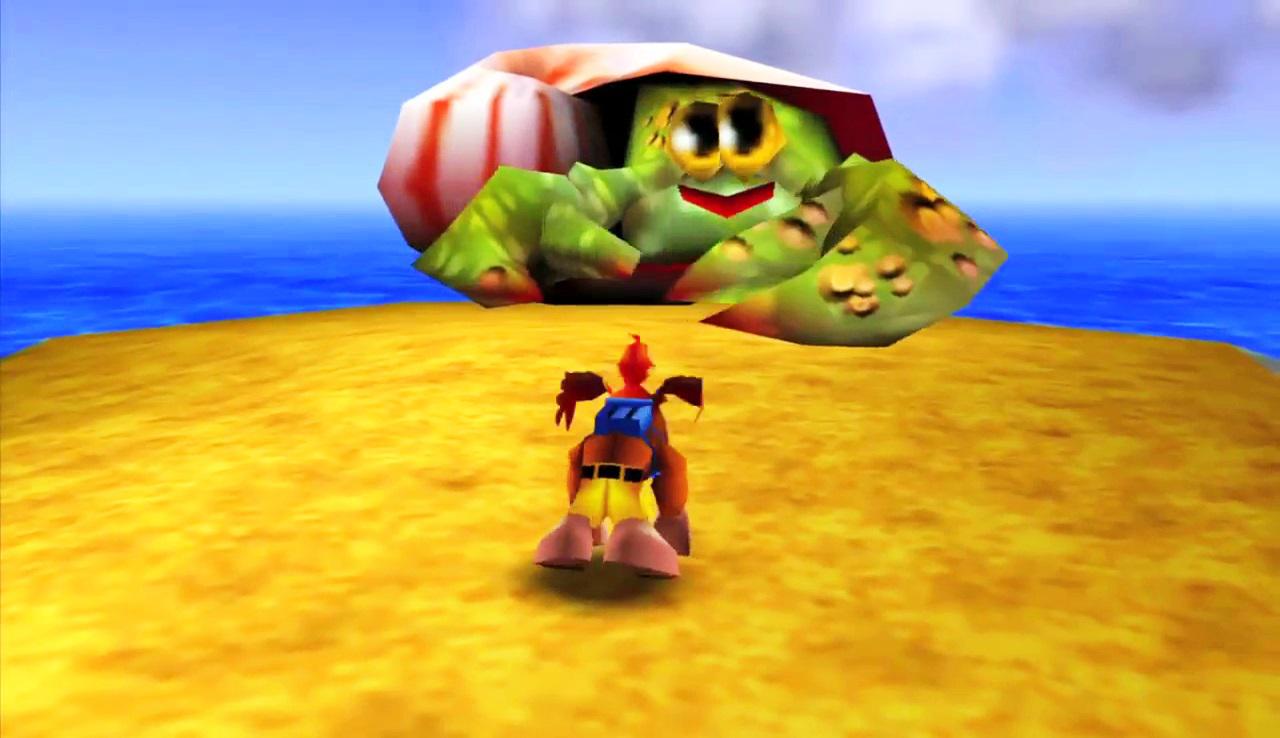 Anders als im Nachfolger waren Bossgegner in Banjo-Kazooie eher Mangelware. Neben dem finalen Duell warteten nur Mini-Kämpfe wie gegen diesen Einsiedlerkrebs auf uns.