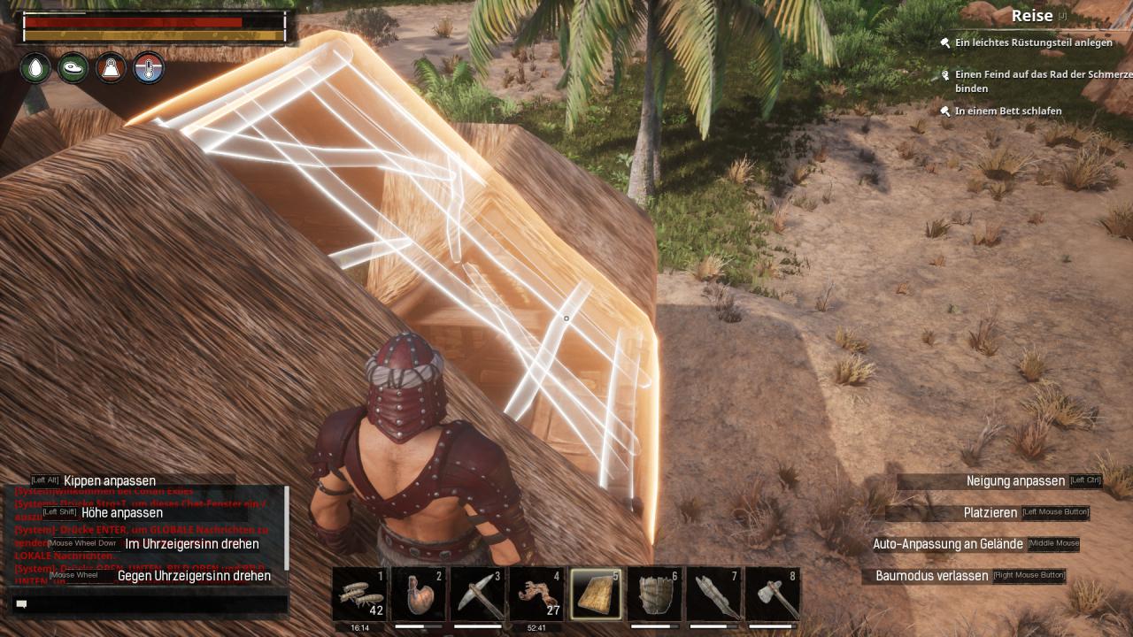 [14/06/2018] Conan Exiles im Test:&nbsp;Das Bausystem geht gut von der Hand. Auch als Einsteiger hat man sich schnell ein einfaches Dach über dem Kopf gezimmert.