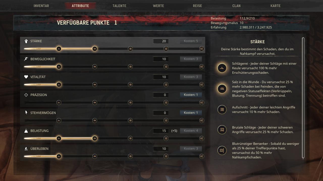 [14/06/2018] Conan Exiles im Test:&nbsp;Mit jedem Stufenaufstieg schaltet ihr nicht nur immer neue Rezepte frei, ihr dürft auch sieben unterschiedliche Attribute steigern.
