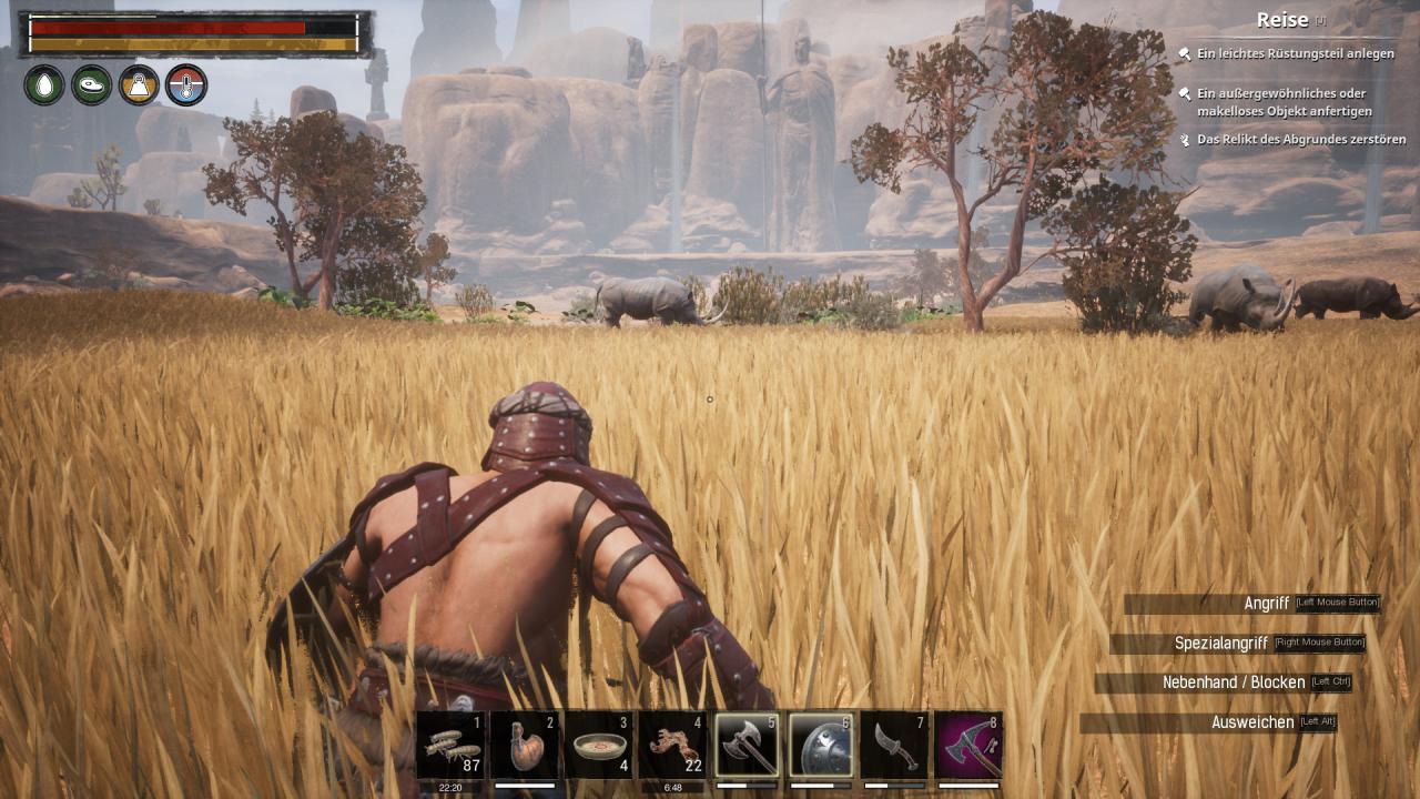 [14/06/2018] Conan Exiles im Test:&nbsp;In dieser Region weht ein Hauch von Afrika durchs Feld. Die Nashörner sollten Frischlinge nicht unterschätzen.