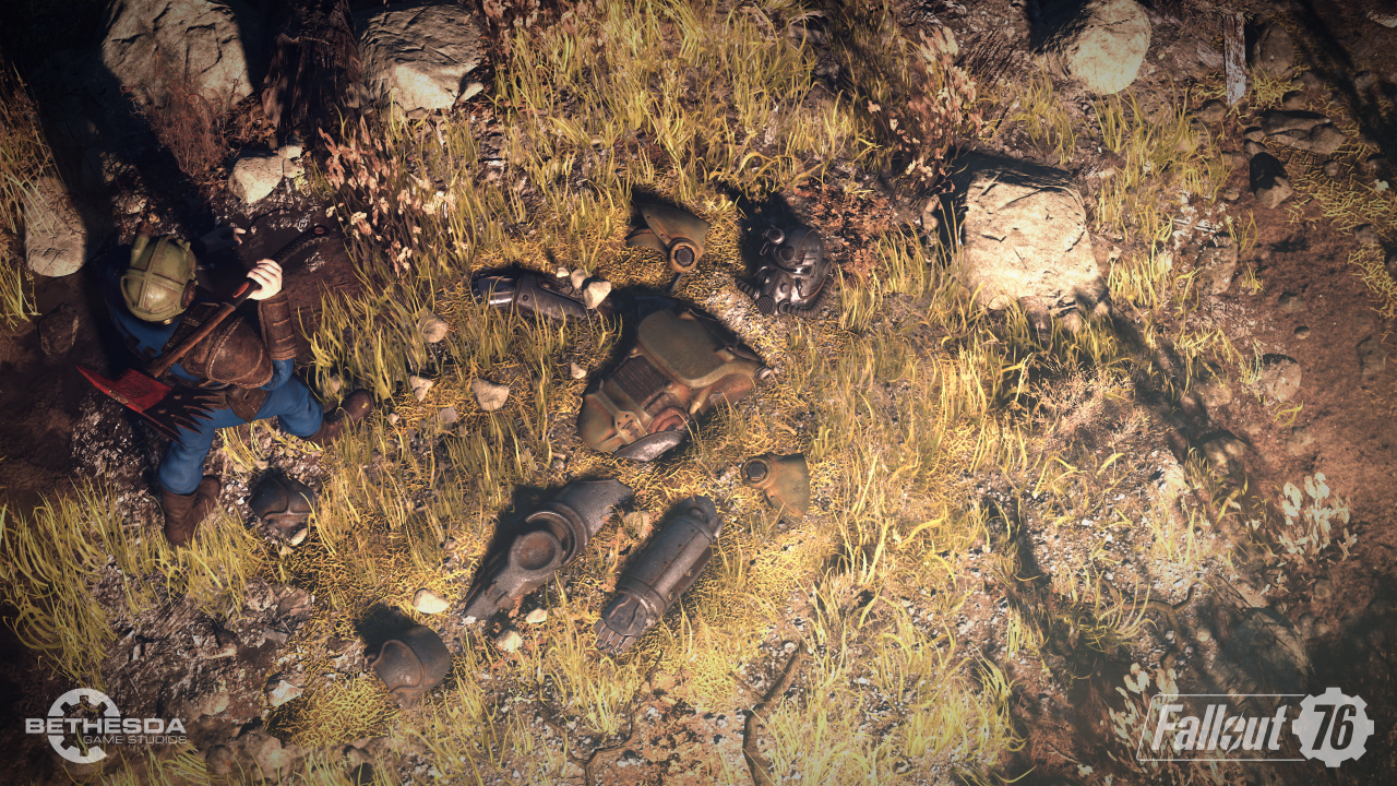 Eine versunkene Power Armor im überwucherten Boden West Virginias, dem Schauplatz von Fallout 76
