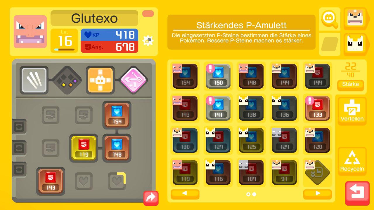 Diese Ansicht bekommt ihr in Pokémon Quest oft zu sehen. Mit den P-Steinen verstärkt ihr eure Pokémon enorm. 
