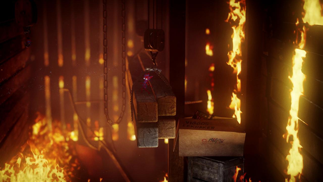 [21/06/2018] Wir arbeiten uns durch eine brennende Scheune vor. Mit solchen Momenten erzeugt Unravel 2 gelegentlich Spannung und Dramatik.
