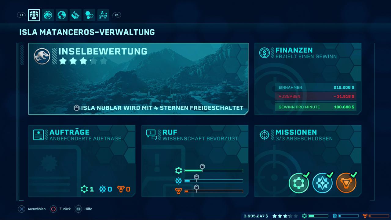 Das Menü im Managerspiel zum Dinopark-Manager.