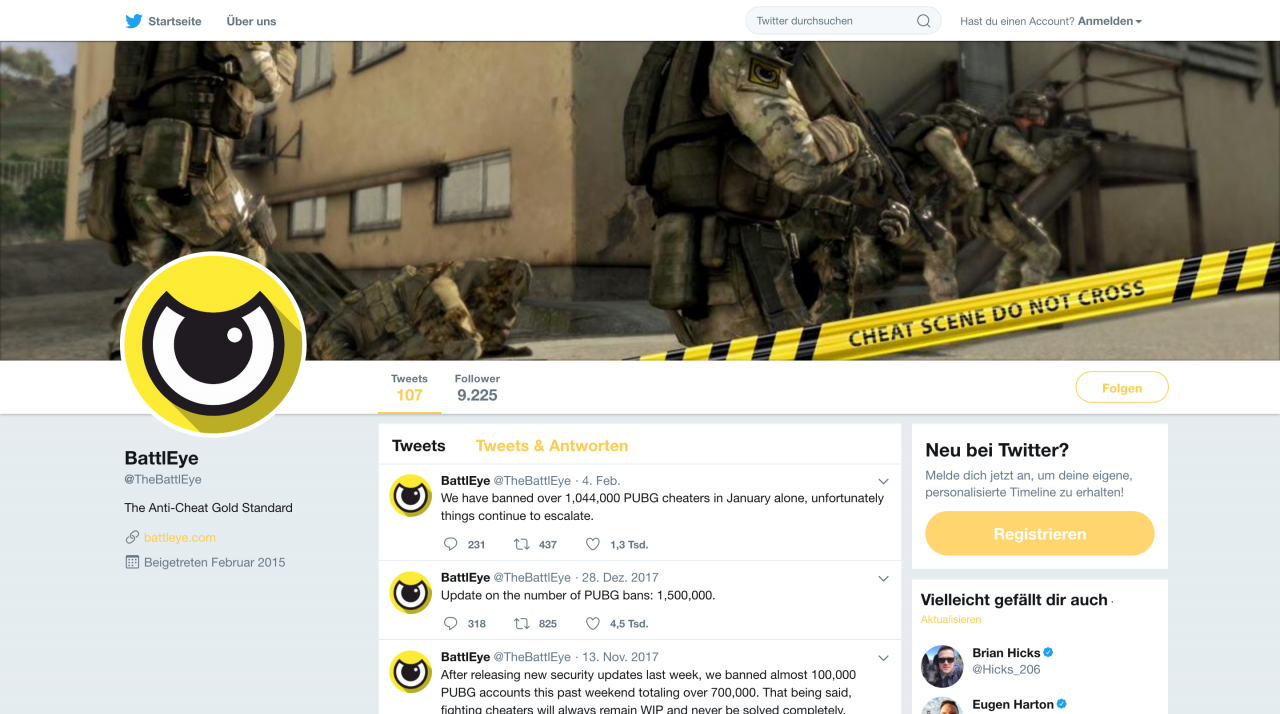 [02/07/2018] Made in Germany: BattlEye aus dem schwäbischen Reutlingen zählt zu den führenden Anti-Cheat-Lösungen und ist unter anderem in PUBG, DayZ und Rainbow Six Siege implementiert. Allein im Januar 2018 verbannte die Software über eine Million Cheater aus PUBG.&nbsp;