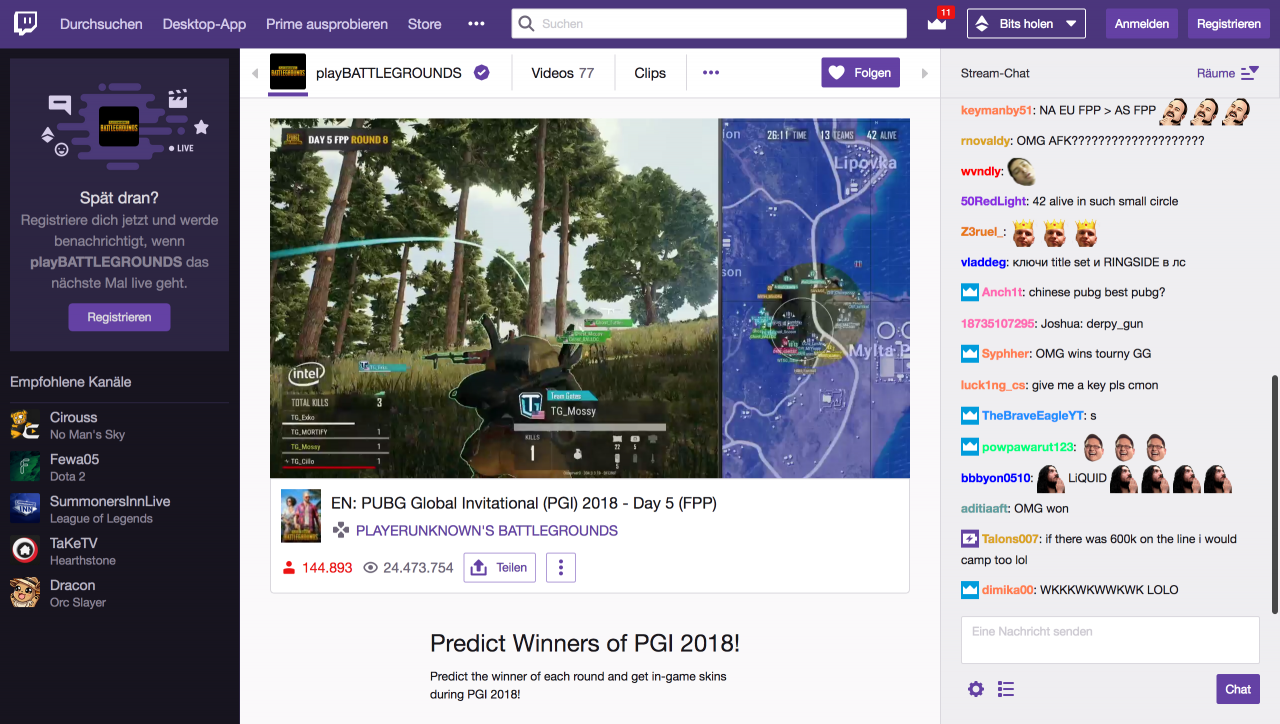 [31/07/2018] Die Finalrunde am letzten Spieltag mobilisierte auf dem englischsprachigen Twitch-Stream etwa 145.000 PUBG-Begeisterte. Nette Idee: Vor jeder Runde durften Zuschauer auf das Siegerteam tippen. 