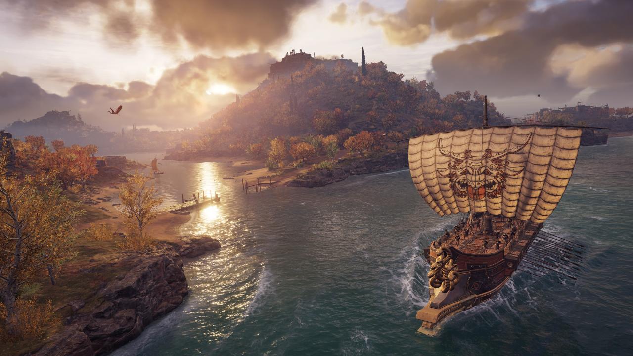 Artwork aus Assassin's Creed Odyssey, das ein Schiff in einem malerischen Panorama des antiken Griechenlands zeigt.
