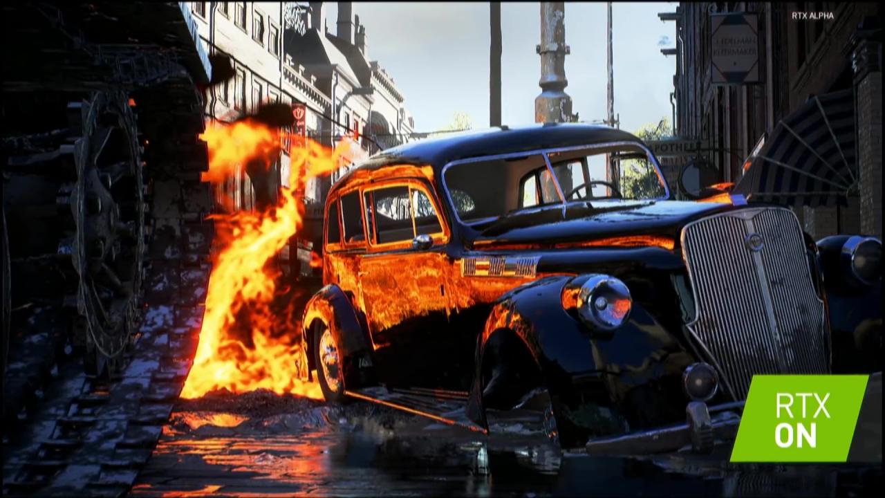 [22/08/2018] RTX von Nvidia in Battlefield - die Flammen spiegeln sich authentisch auf dem&nbsp; nassen Boden und in der Seite des Autos.