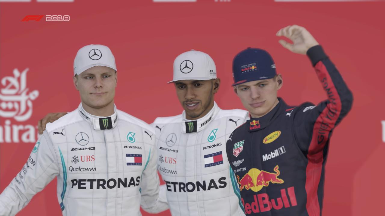 [24/08/2018] Die Fahrer um Lewis Hamilton und Jos Verstappen sind zwar gut zu erkennen, die Gesichter sind allerdings schlecht animiert – hier besteht Handlungsbedarf!