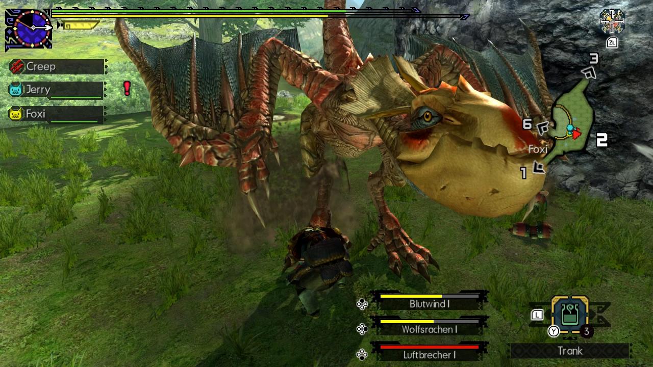 [28/08/2018] Monster Hunter Generations Ultimate im Test: Dieser Feuerkugel speiende Yian Kut-Ku rennt uns einfach über den Haufen. Skandal! Mit Schallbomben reizen wir seinen empfindlichen Gehörsinn.