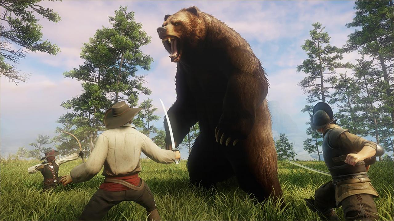 Spieler-Charaktere im Kampf mit einem Bären im MMO New World von Amazon