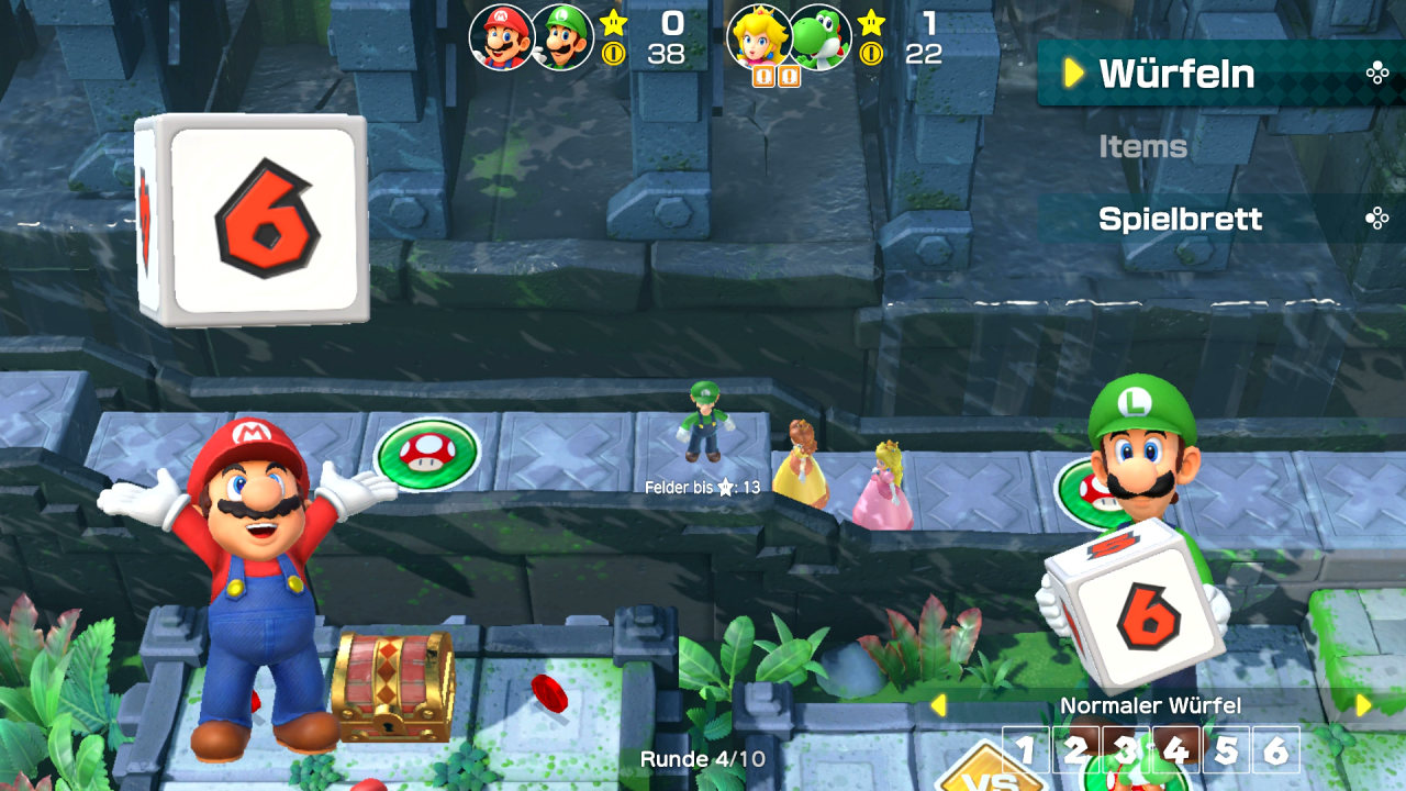 Im Modus Partner-Party von Super Mario Party für Nintendo Switch teilen sich die beiden Zweier-Teams jeweils Würfel, Münzen, Sterne und Items.