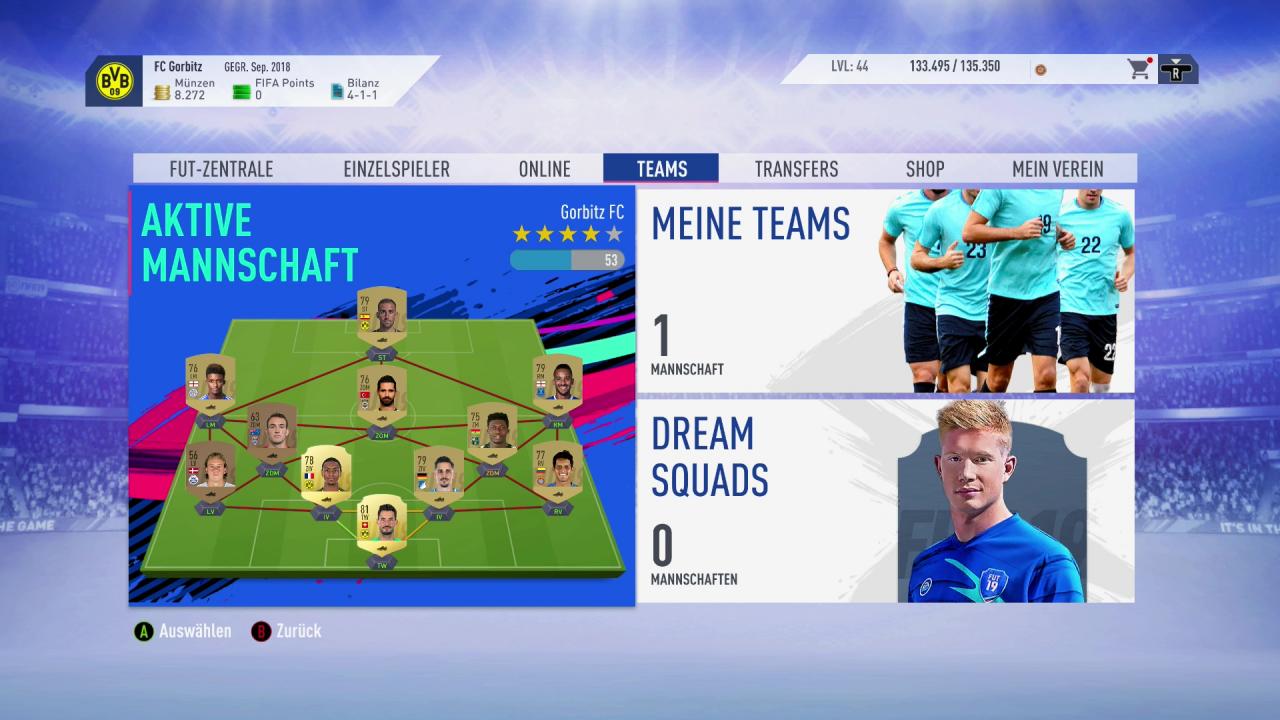 FUT in FIFA 19 im Hauptmenü des Spiels bei der Ansicht der aktiven Mannschaft.