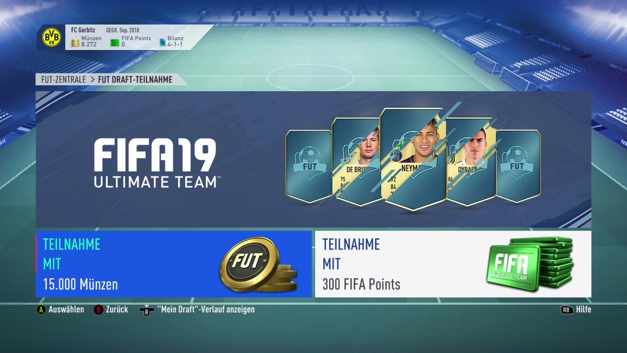 FUT Draft Modus Startbildschirm in FIFA 19 Ultimate Team.