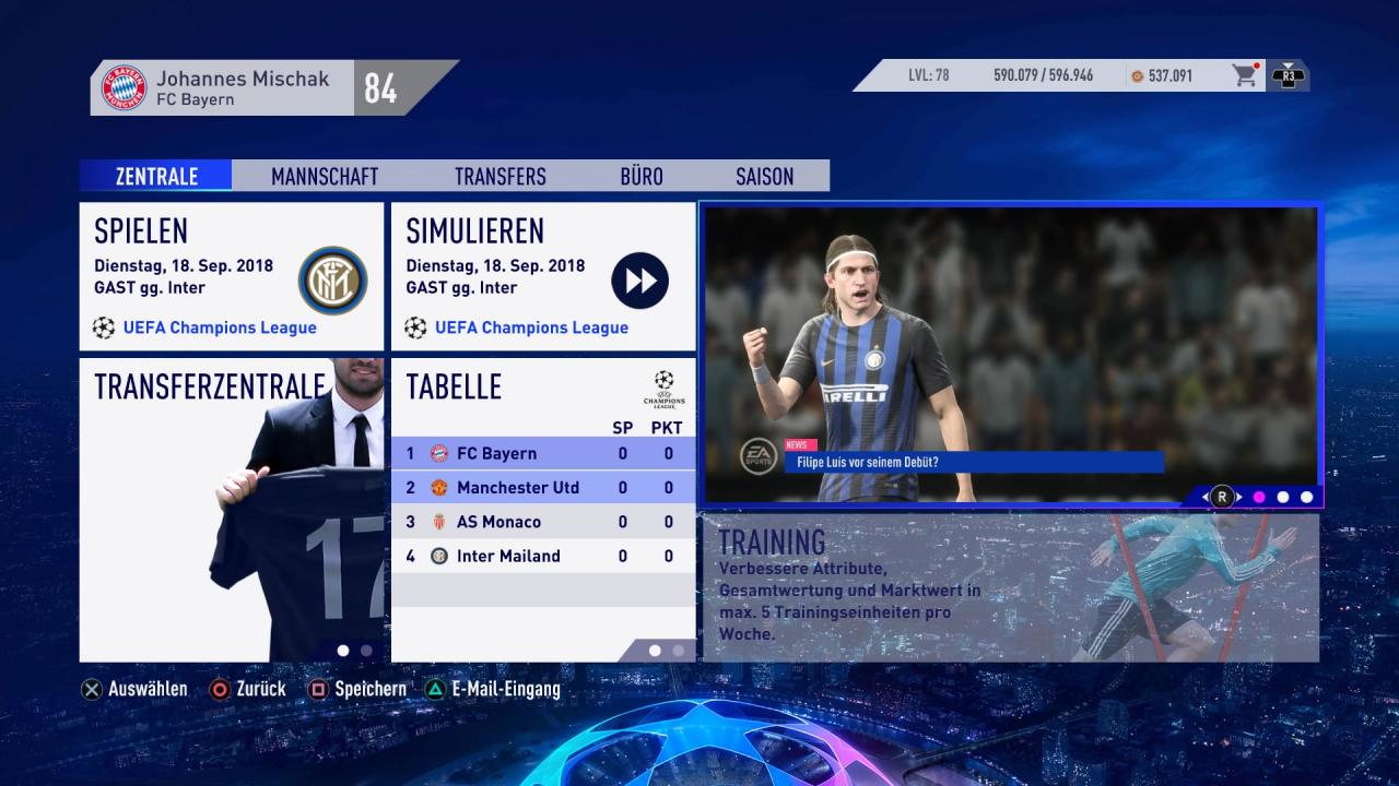 Das Menü aus dem Karrieremodus von FIFA 19.