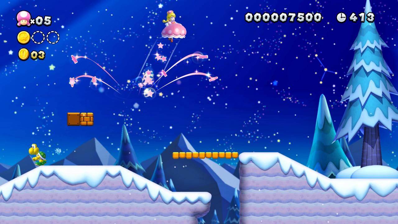 Klaubt Toadette eine Superkrone auf, verwandelt sie sich in Peachette und verfügt sodann über das Moveset von Peach mit Doppelsprüngen und Schweben.