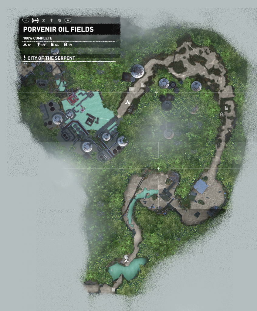 Das Level Porvenir Ölfelder in Shadow of the Tomb Raider mit sämtlichen Fundorten der Schätze und Sammelitems auf der Map.
