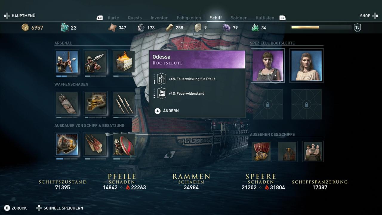 Spezielle Bootsleute im Schiffs-Menü von Assassin's Creed Odyssey.