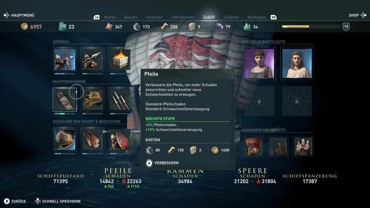 Menüpunkt des Schiffs in Assassin's Creed Odyssey zum Abschnitt Waffenschaden.