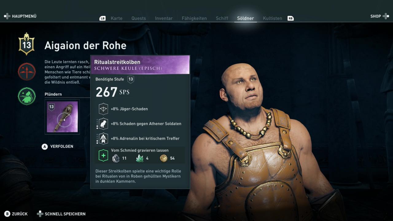 Aigaion der Rohe im Söldner-Menü von Assassin's Creed Odyssey.