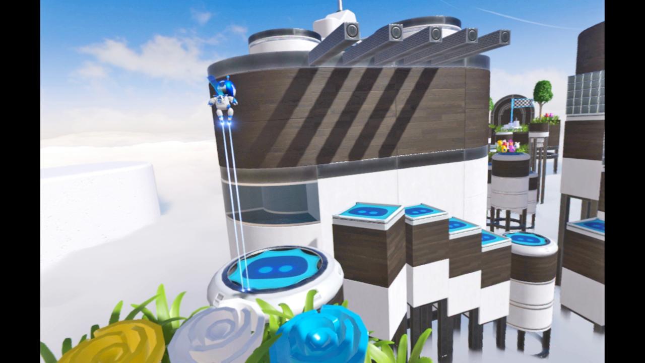 Ein kleiner Roboter springt auf blaue Trampoline
