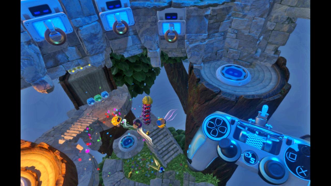 Eine Landschaft mit Plattformen und RIngen, davor ein riesiger Controller
