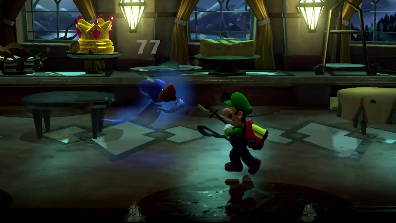 Gibt es neue Waffen und Fähigkeiten in Luigi’s Mansion 3? Darauf deutet zumindest der Pümpel hin, der im Trailer gegen einen Geist zum Einsatz kommt.