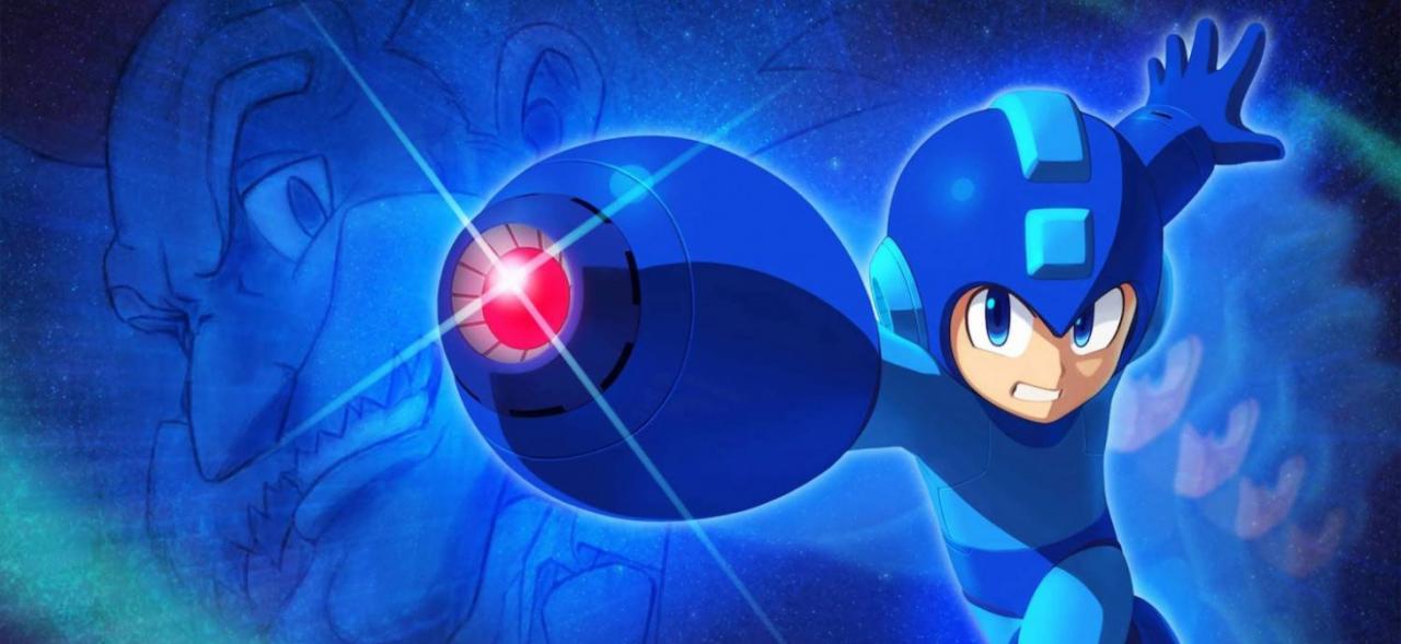 Roboterjunge (Mega Man) auf blauen Hintergrund