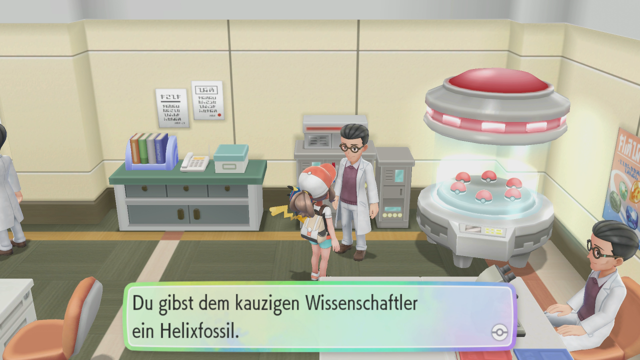 [22/11/2018] Im Wissenschaftslabor auf der Zinnoberinsel lassen wir unser Fossil und unseren Bernstein in Pokémon verwandeln.