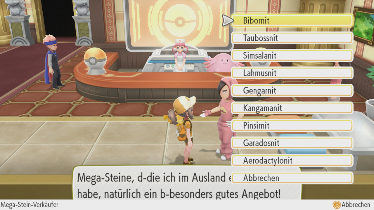 [30/11/2018] Alle Mega-Steine, die uns nicht von Charakteren geschenkt wurden, können wir uns von einem Pokémaniac in der Pokémon-Liga kaufen.