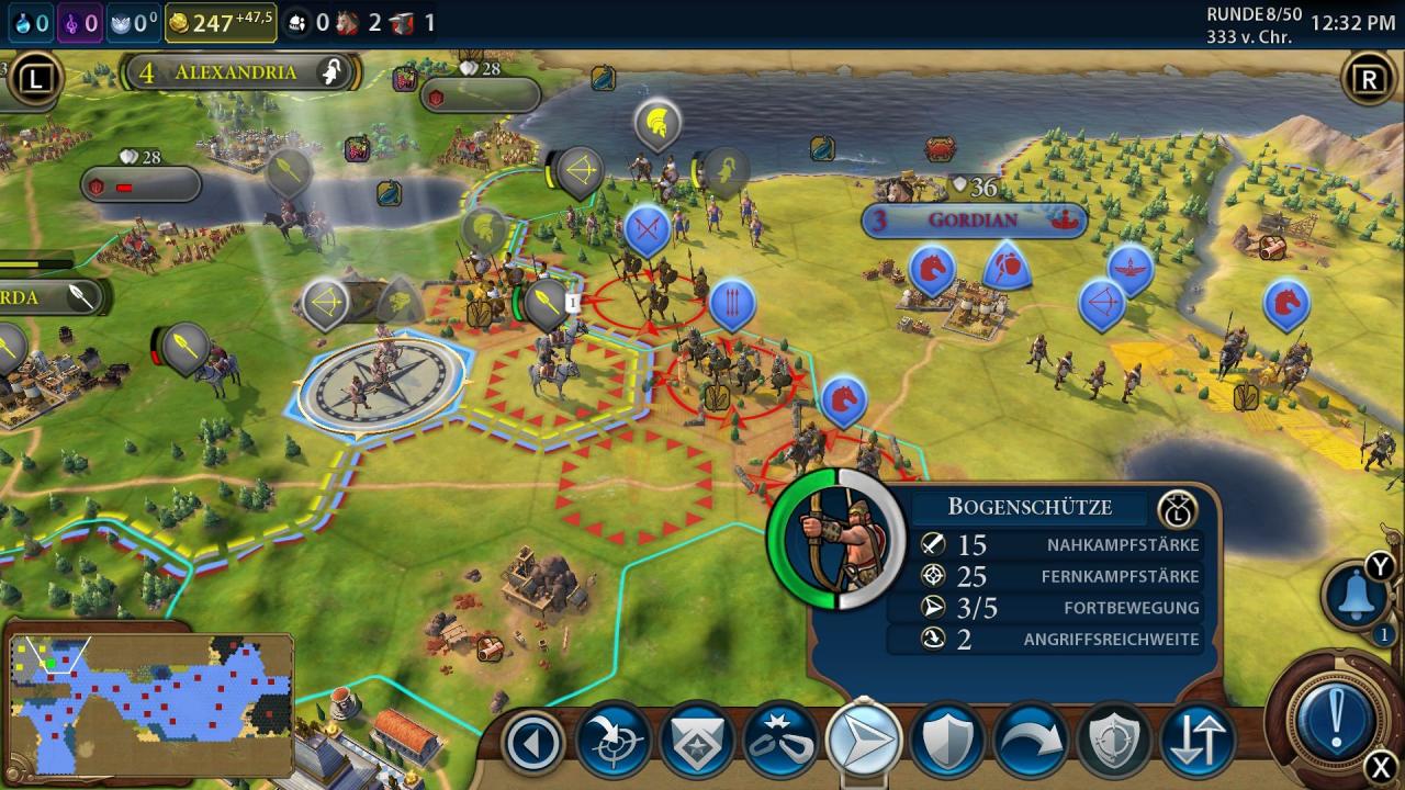 Neben den zufallsgenerierten freien Spielen gibt es auch eine Handvoll historische Szenarien. Hier spielen wir etwa den Feldzug von Alexander dem Großen nach.