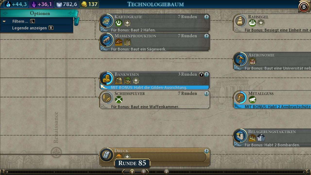 Neu in Civ 6: Wenn ihr bestimmte Voraussetzungen erfüllt, erhalet ihr einen Heureka-Moment für einen Technologie, was die erfordetlichen Forschungskosten dafür drastisch senkt.