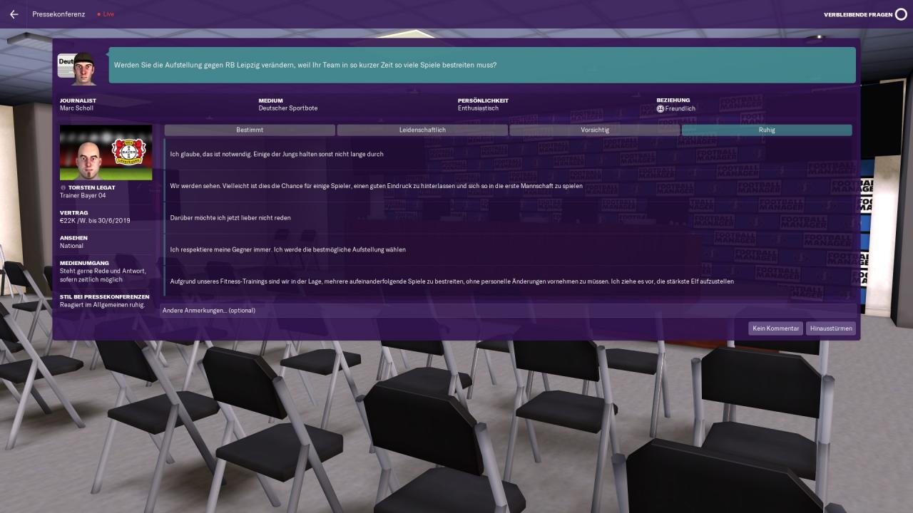 Pressekonferenz im Football Manager 2019.