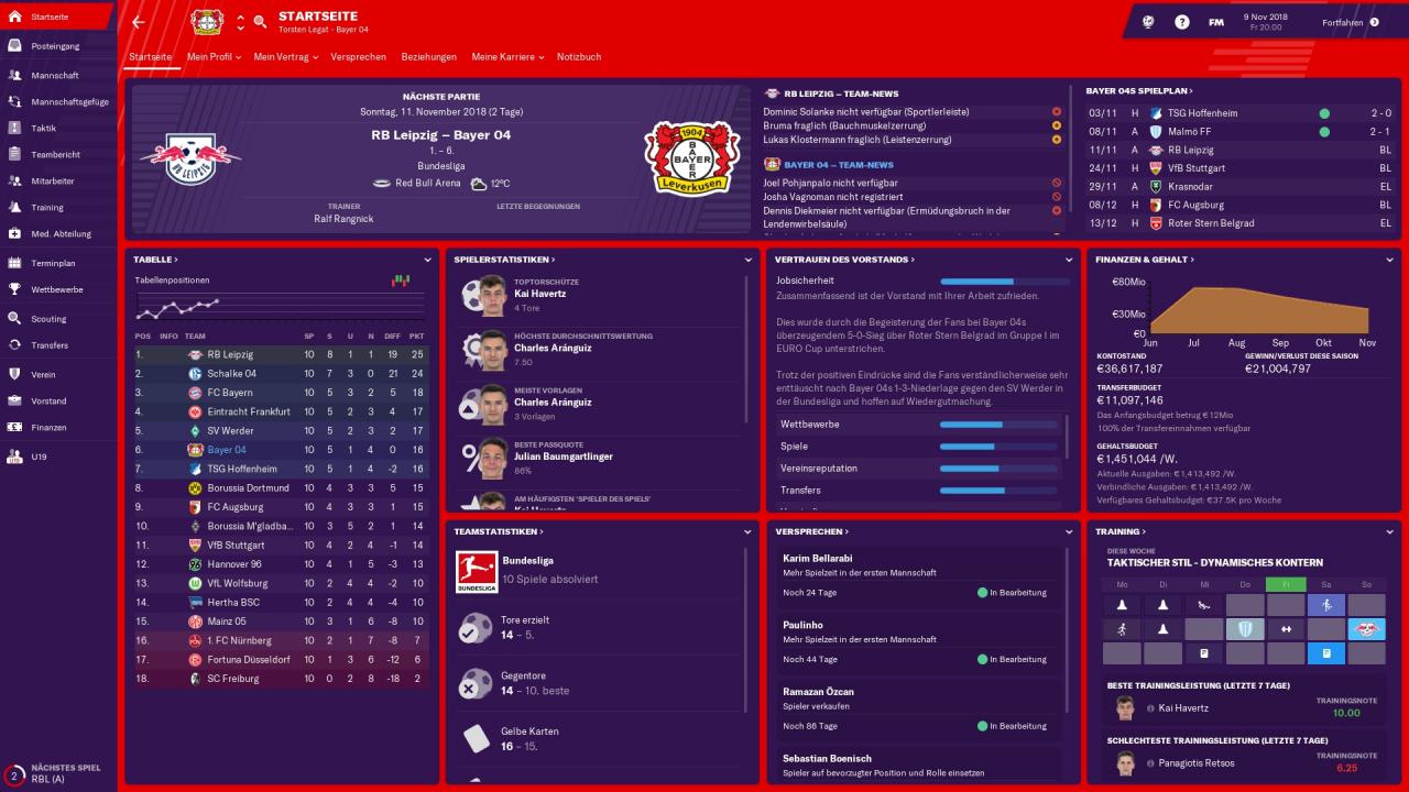 Der Startbildschirm des Football Managers 2019.