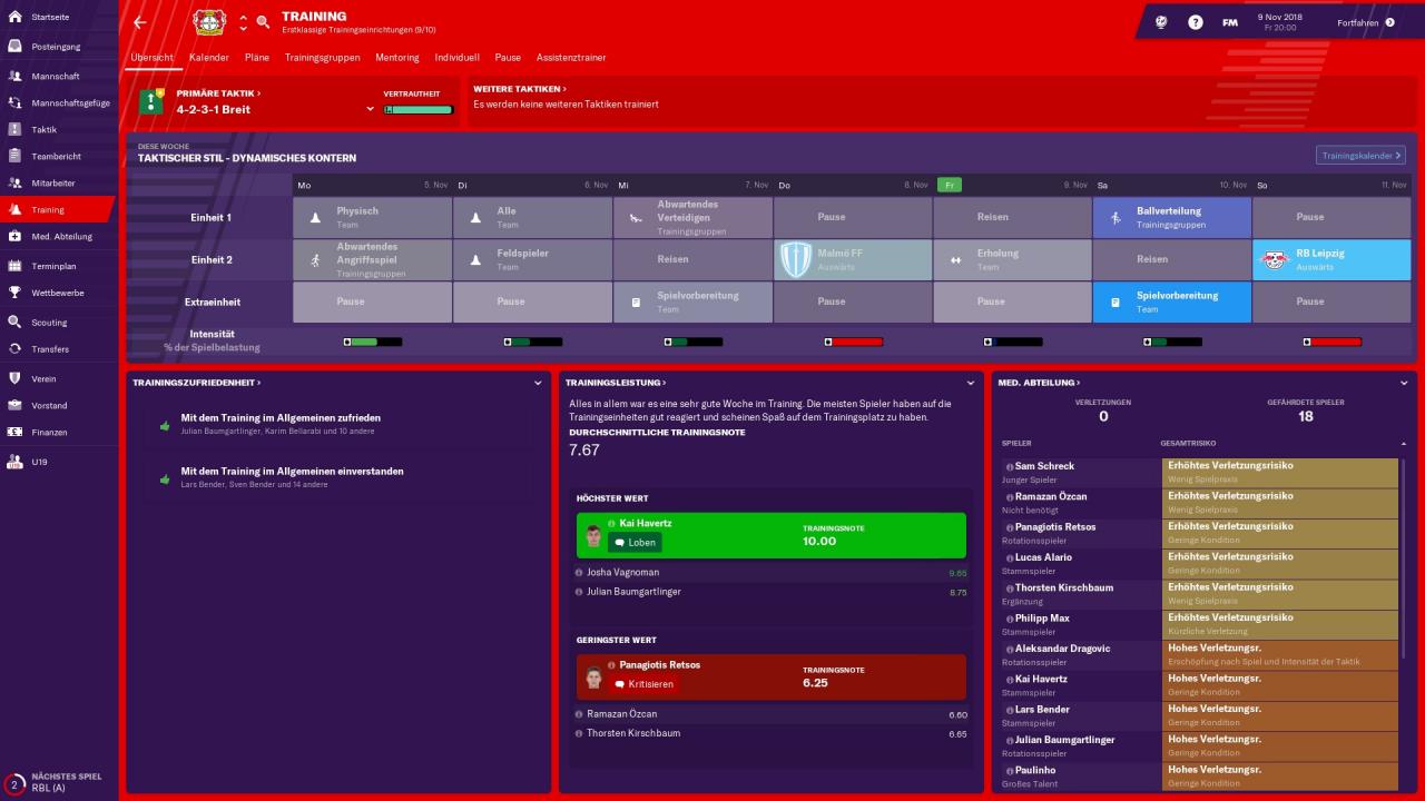 Das Trainingsmenü des Football Manager 2019.