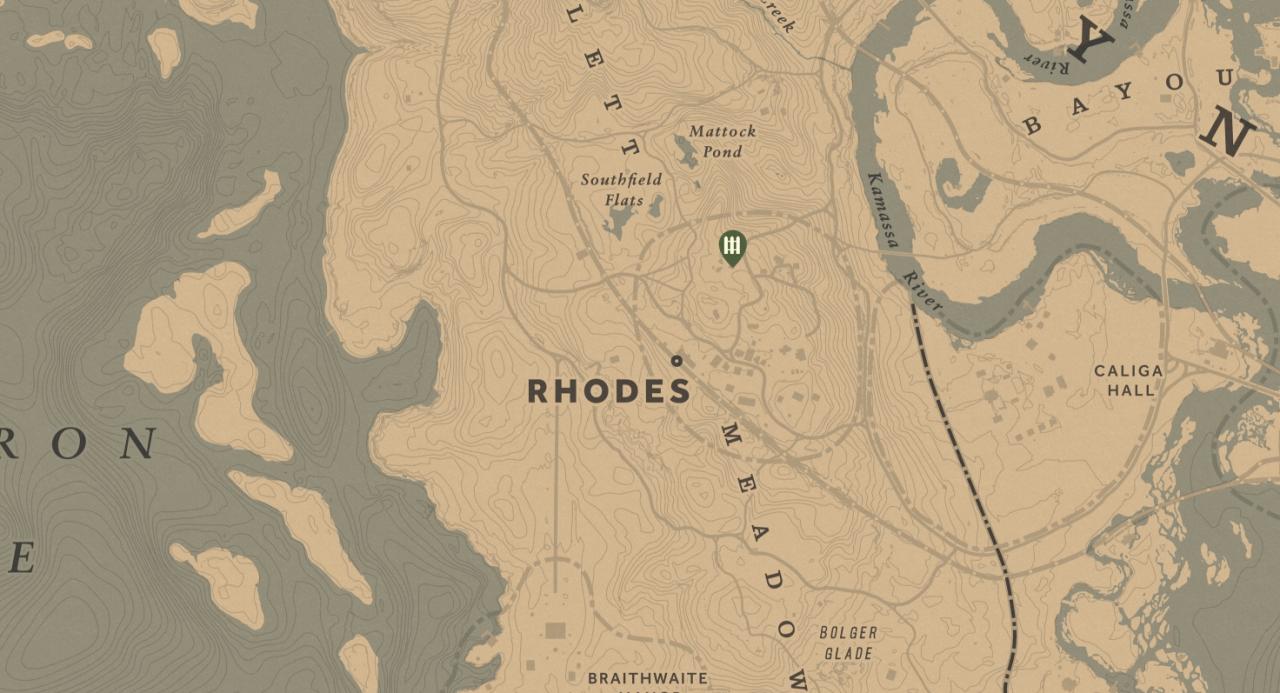 Kartenausschnitt in Red Dead Redemption 2 - Hehler bei Rhodes