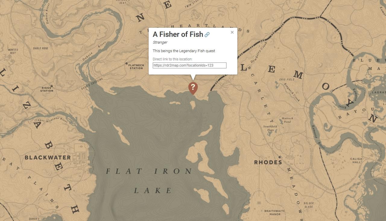 Fundort der richtigen Quest für legendäre Fische in Red Dead Redemption 2. 