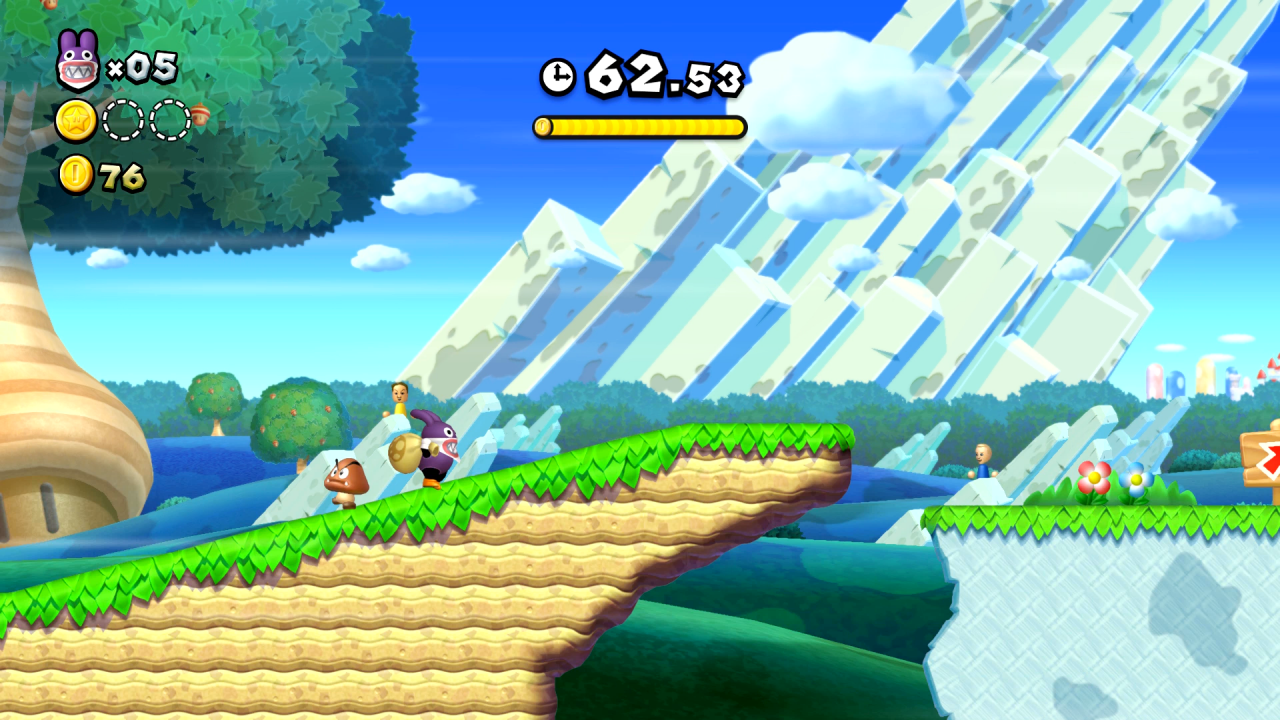 Das Mario-Hüpfspiel verlangt euch ohnehin nicht allzu viel ab. Noch leichter wird es, wenn ihr Mopsie als Spielfigur auswählt, der durch Gegner keinen Schaden nimmt.