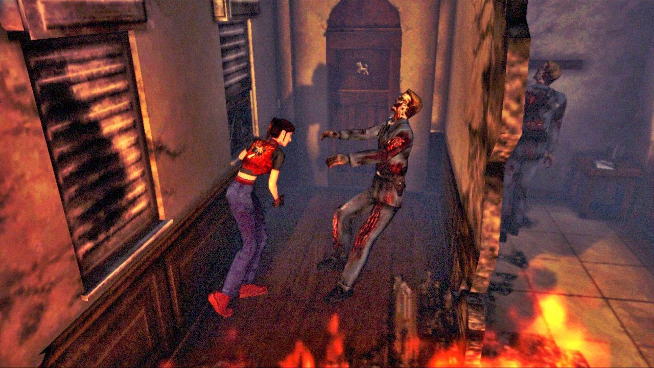 Claire Redfield schlägt einen Zombie.