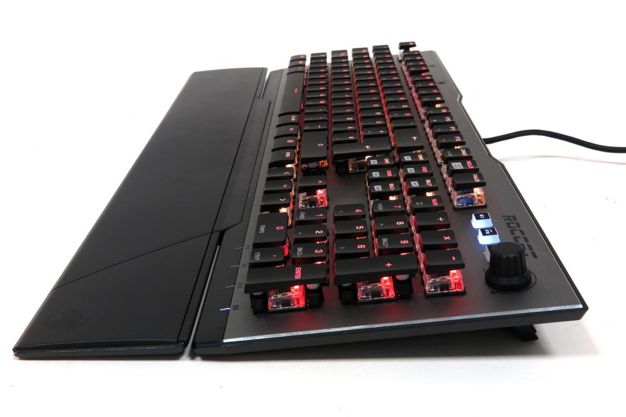 [13/12/2018] Bei manchen Modellen liegen die Tasten mit den Switches frei, was optisch ansprechend sein kann, aber vor allem auch das Entstauben erleichtert. Hier im Bild ein Modell der Vulcan-Serie von Roccat.