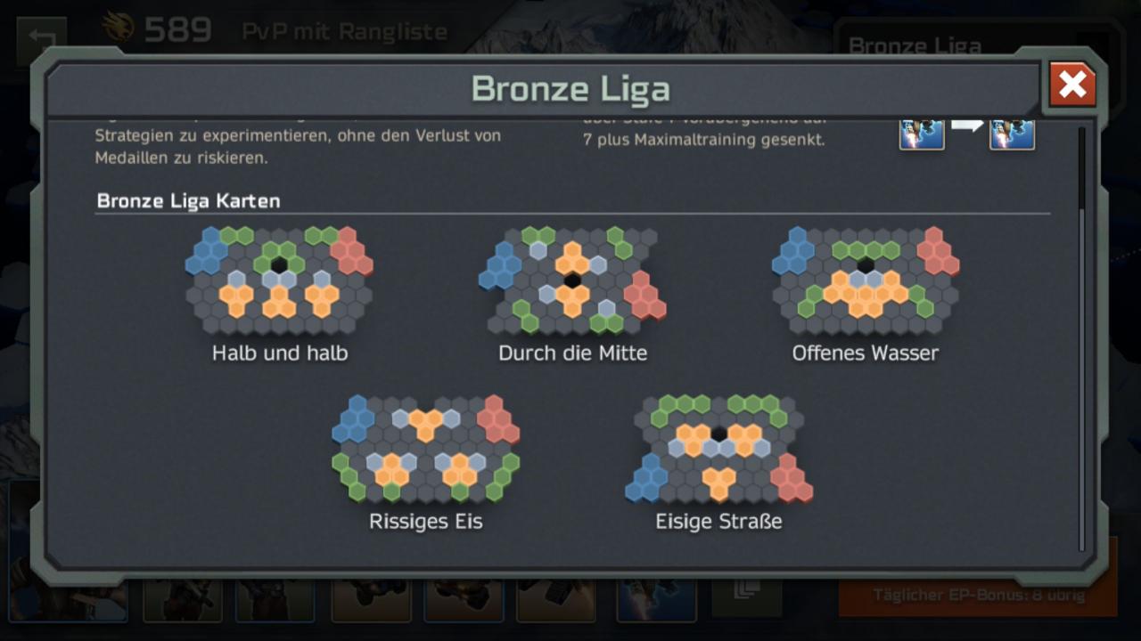 [13/12/2018] Command & Conquer: Rivals - So sehen die Karten-Layouts in der Bronze-Liga aus. Blau und rot sind die beiden Basen, grün die Tiberiumvorkommen, grau unpassierbares Gelände und gelb die Plattformen, die besetzt werden müssen.
