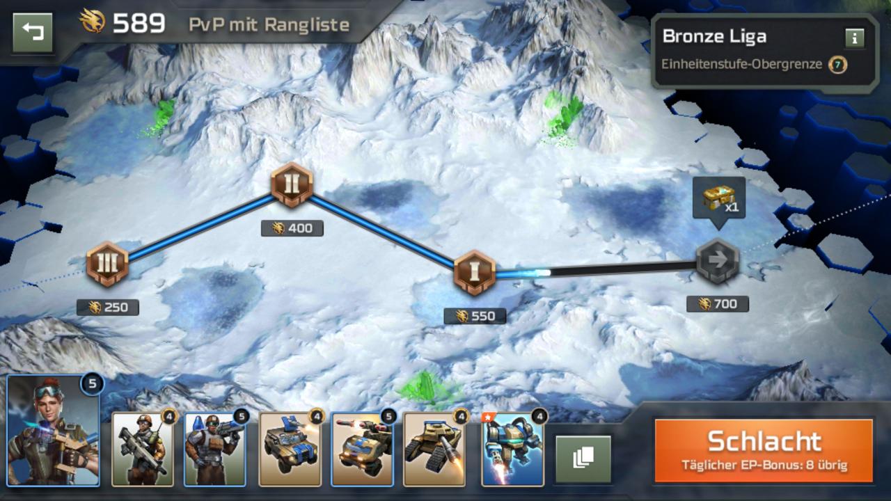 [13/12/2018] Command & Conquer: Rivals - Der Missionsauswahl-Bildschirm. Hier seht ihr am unteren Rand eure aktuelle Armee samt Commander und oben könnt ihr den Missionsfortschritt in eurer aktuelle Liga ablesen.