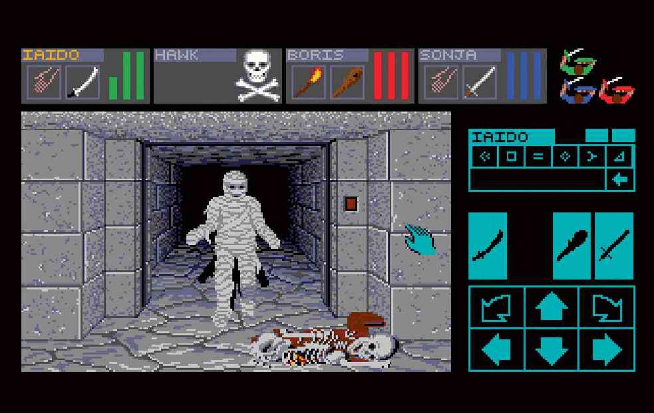 [10/12/2018] Das legendäre Dungeon Master (im Bild: die geniale Ur-Version für Atari ST) simulierte das komplette Geschehen im Kerker in Echtzeit, bot texturierte Wände sowie eine komfortable Maussteuerung. 
