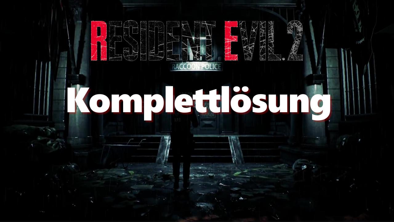 Screenshot zeigt eine Szene aus dem Resident Evil 2 Remake mit dem Schriftzug Resident Evil 2 Komplettlösung.