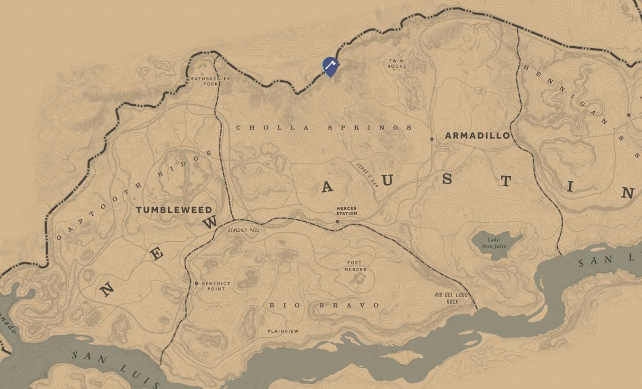 Schatzfundort von Otis Millers Revolver in Red Dead Redemption 2 auf der Karte der Spielwelt.