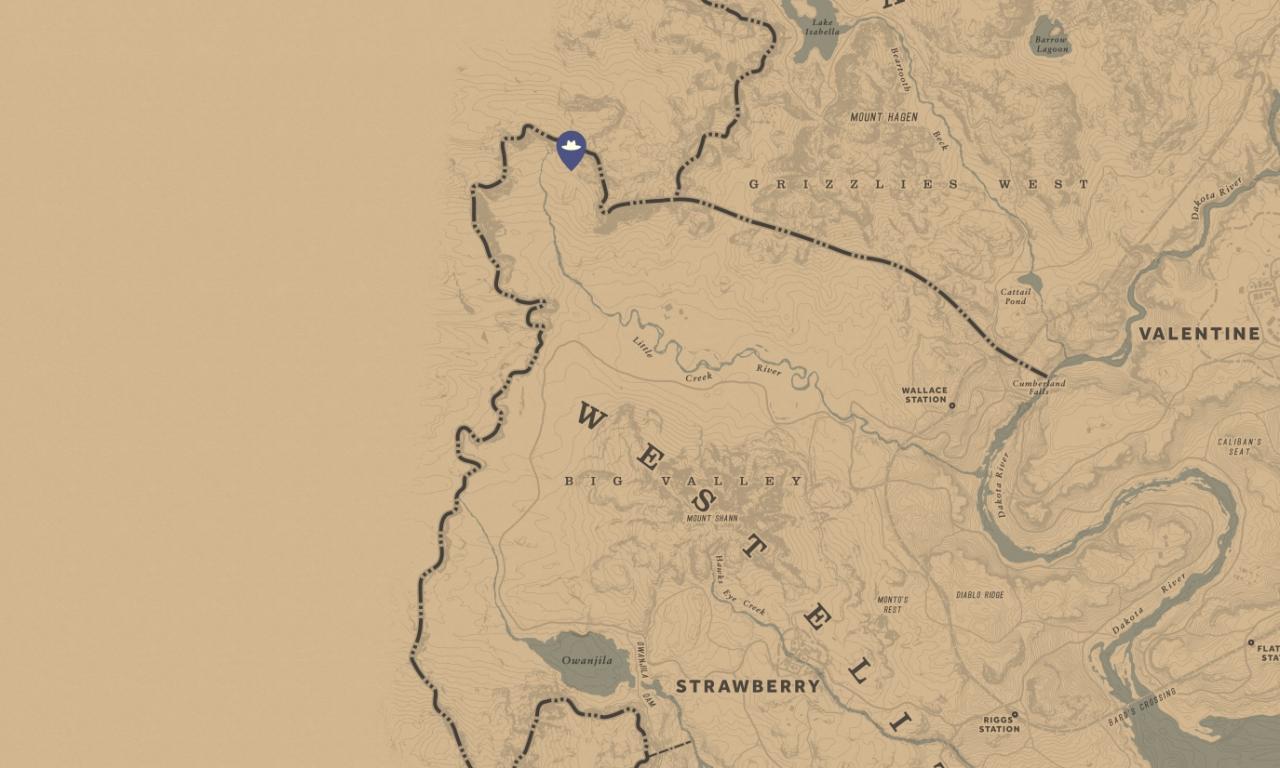Kartenausschnitt der Spielwelt von Red Dead Redemption 2 für die Zerrissene Schatzkarte.