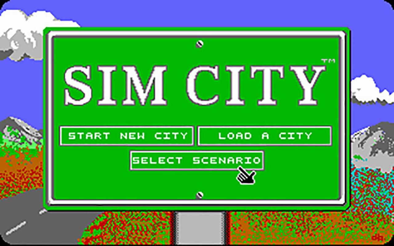 [21/02/2019] Das Hauptmenü des ersten Sim City ist Kult. Auf einem Straßenschild entscheiden wir, ob wir eine neue Stadt anlegen oder doch lieber eines der Szenarien spielen möchten.