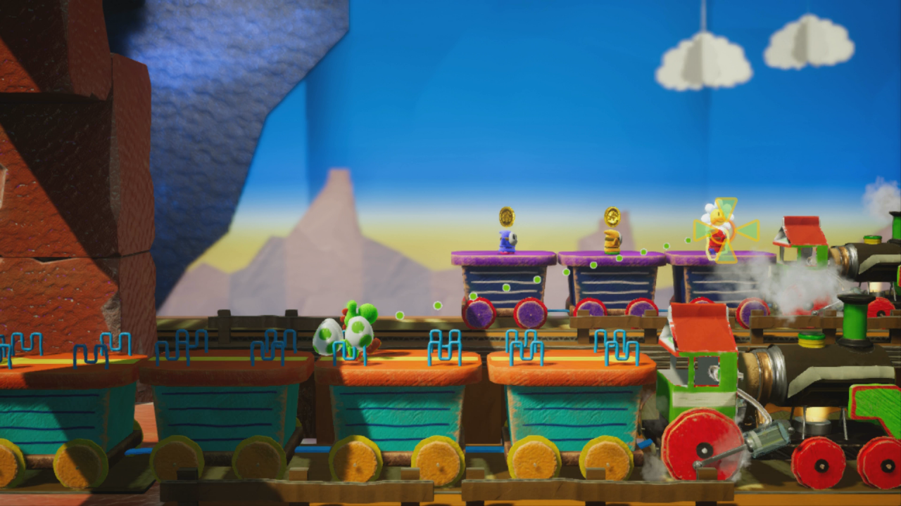 [28/03/2019] Yoshi's Crafted World: Welt 3 - Level 2: Zugreise mit Pfiff: Mit einem gezielten Eierwurf auf den Shy Guy im Hintergrund gelangt ihr an Blume Nummer 5.