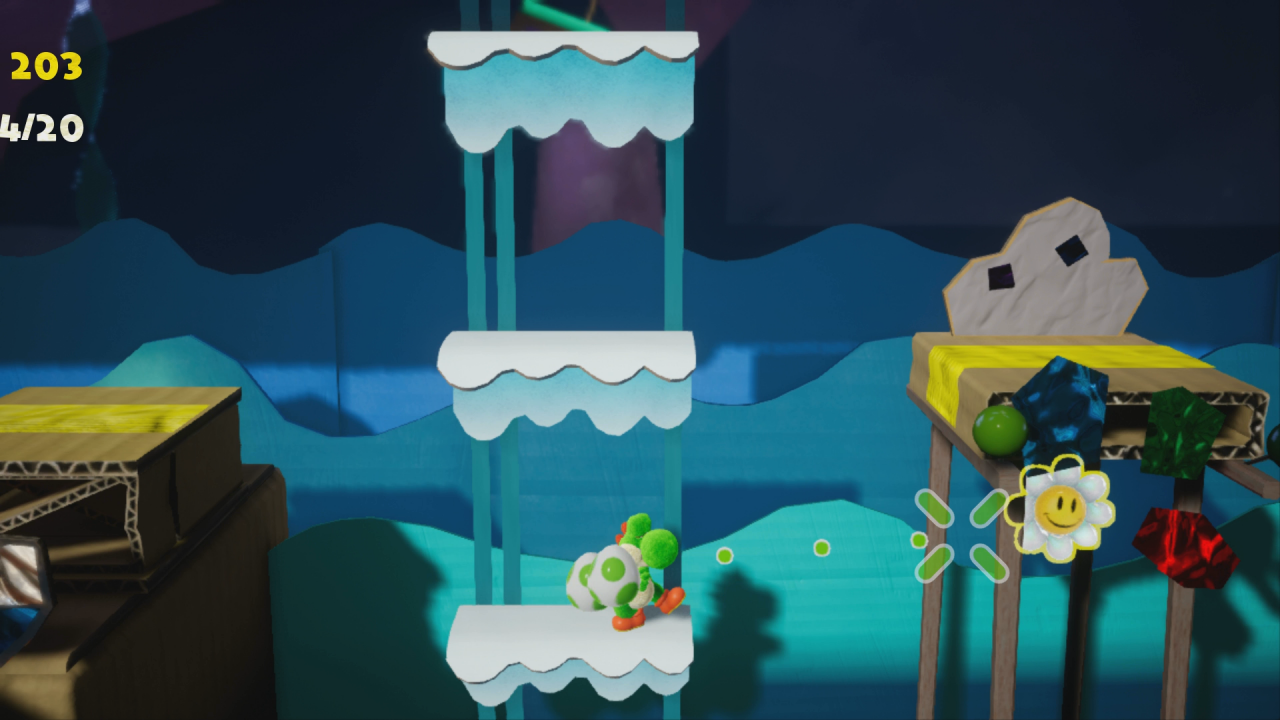 [28/03/2019] Yoshi's Crafted World: Welt 3 - Level 1: Minenwagen-Höhle:Fahrt mit den sich bewegnden Plattformen nach unten, um die sechste Blume zu erreichen.